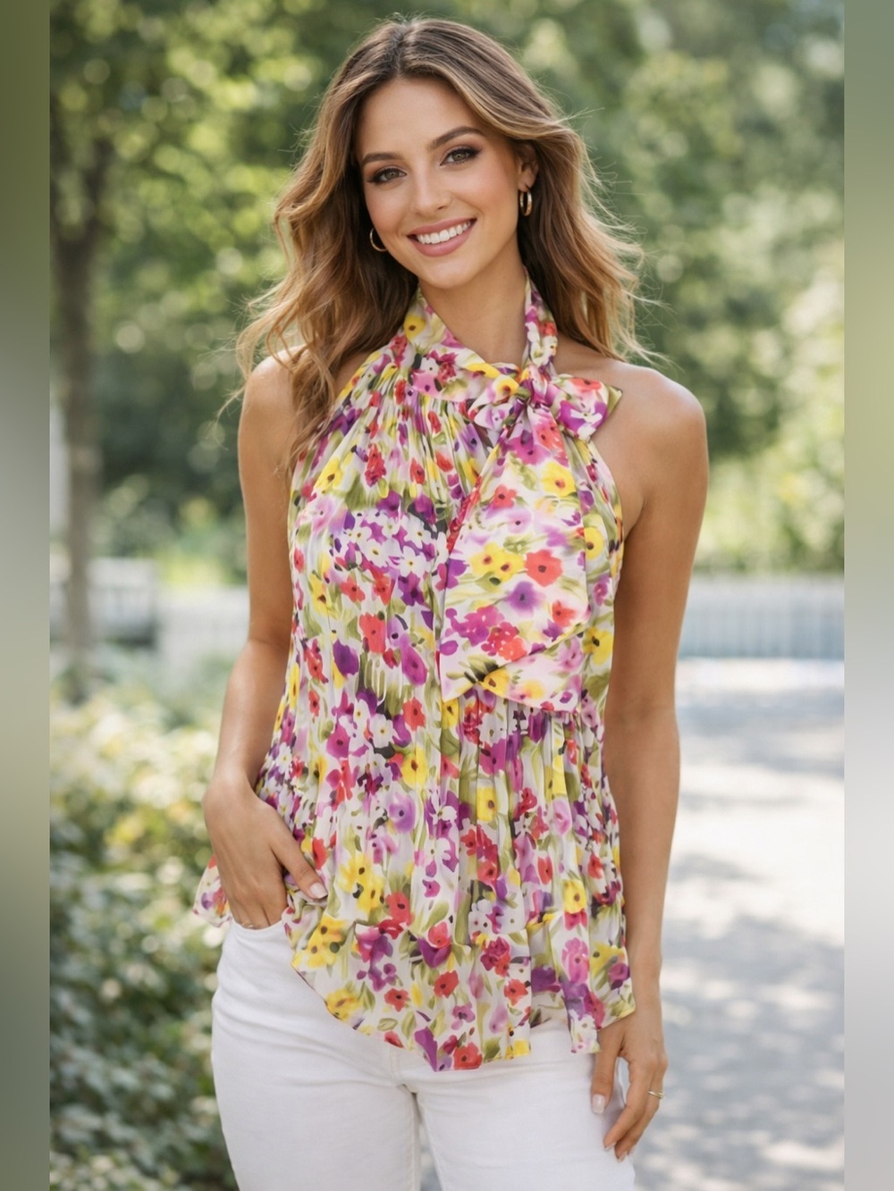 Floral Chiffon Halter Tie Neck Blouse Sz M Sleeveless Ruffle Hem Boho Spring